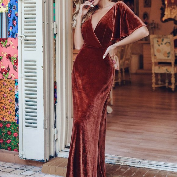 . Dresses & Skirts - Brown Preppy Wopmens Surplice Neck Flutter Sleeve Velvet Prom Dress